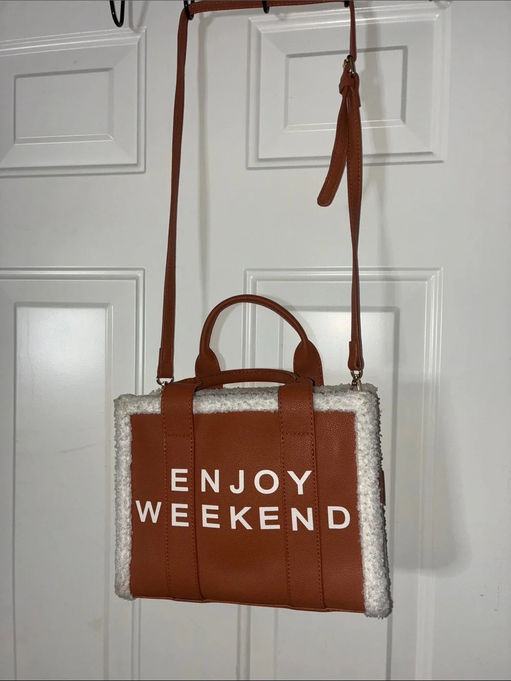 Enjoy Weekend Tan Faux-Leather Tote with Shearling Trim